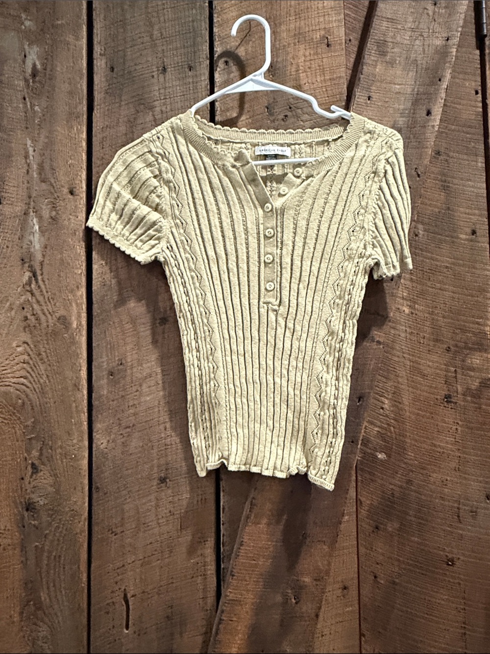American Eagle Outfitters Short Sleeve Ribbed Henley Top - Light Cream